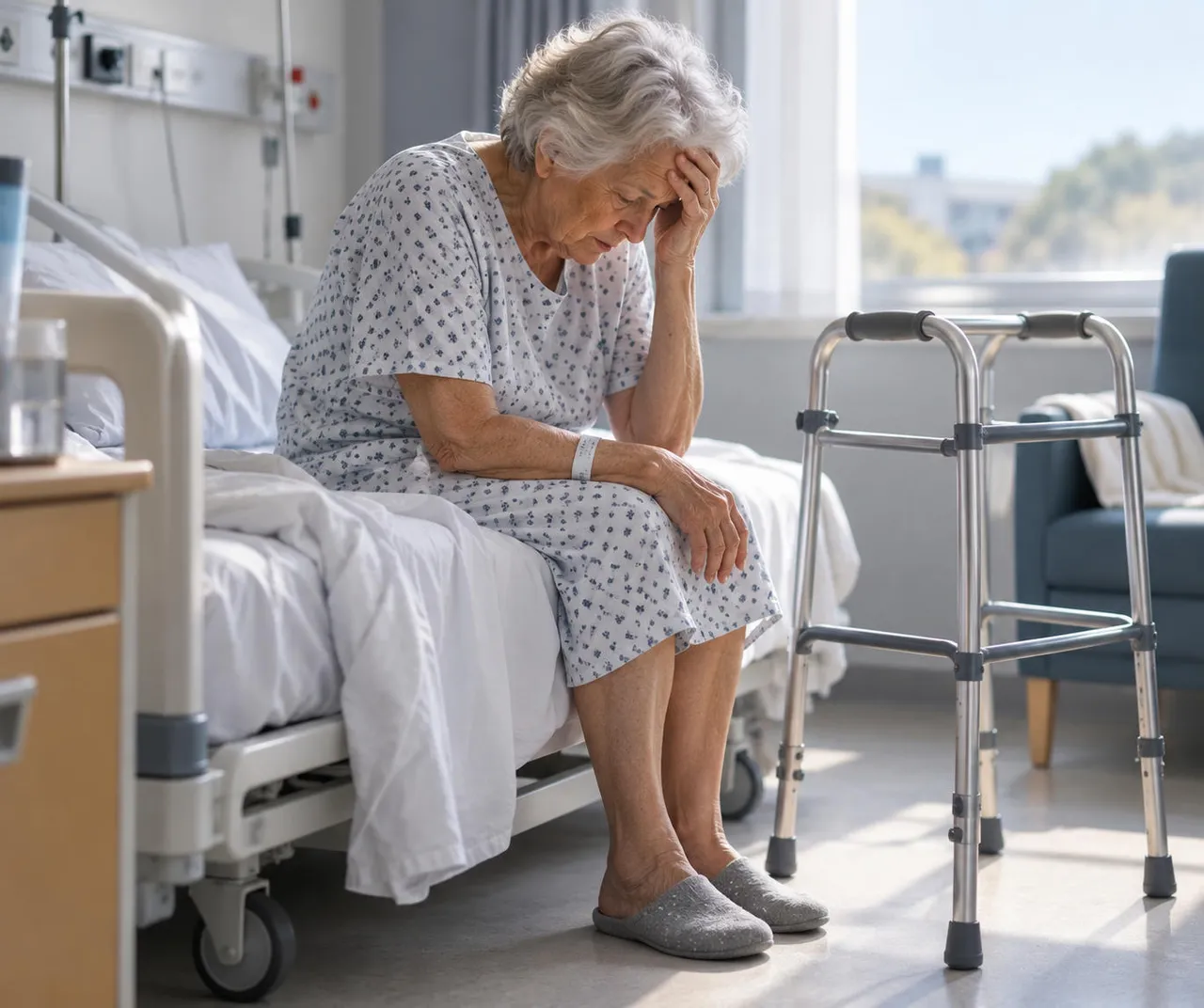 Une femme âgée fatiguée assise au bord d'un lit d'hôpital, un déambulateur à côté d'elle