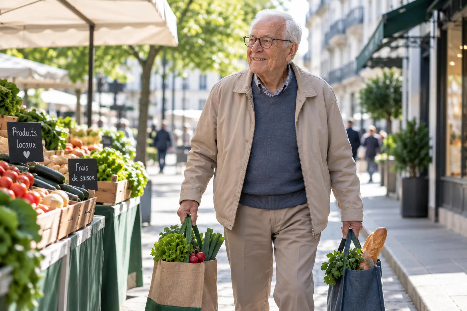 Un homme âgé souriant porte deux sacs de courses en sortant d'un marché
